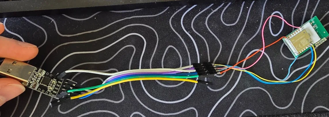 Soldered wires on CB3L connected to a TTL serial converter Flashing points wired to TTL serial converter